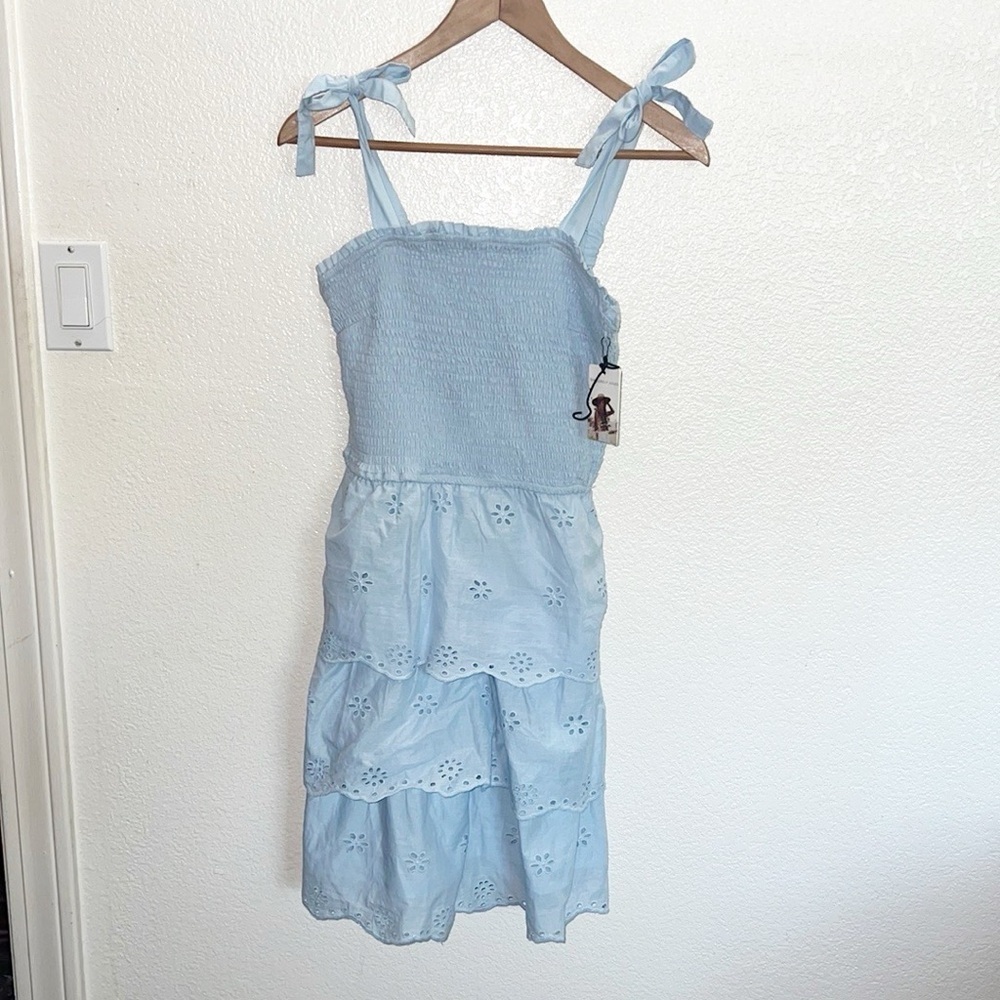 Sincerely Jules Light Blue Smocked Tiered Floral Tank Top Tie Strap Mini Dress